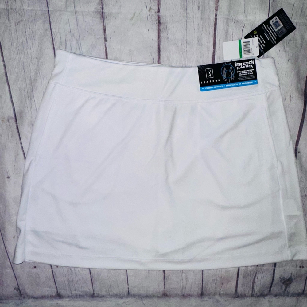 NWT Womens Large PGA Tour Airflux Tummy Control Stretch Elastica White 16” Skort